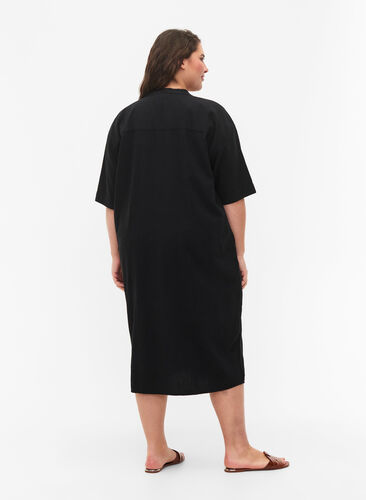 FLASH - Midi jurk met korte mouwen in katoen, Black, Model image number 1