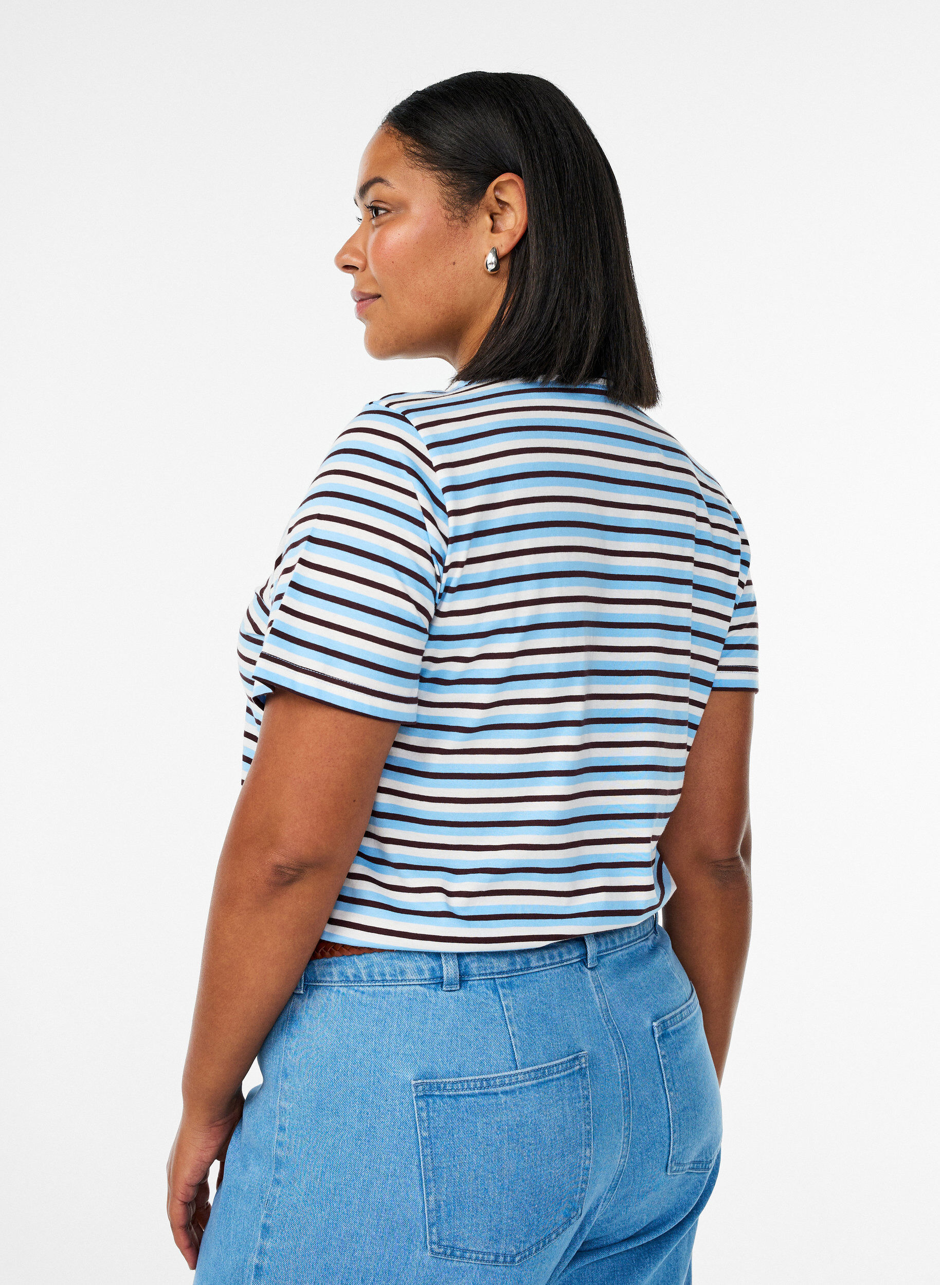 Zizzi Katoenen T-shirt met strepen, Blauw, Model image number 2