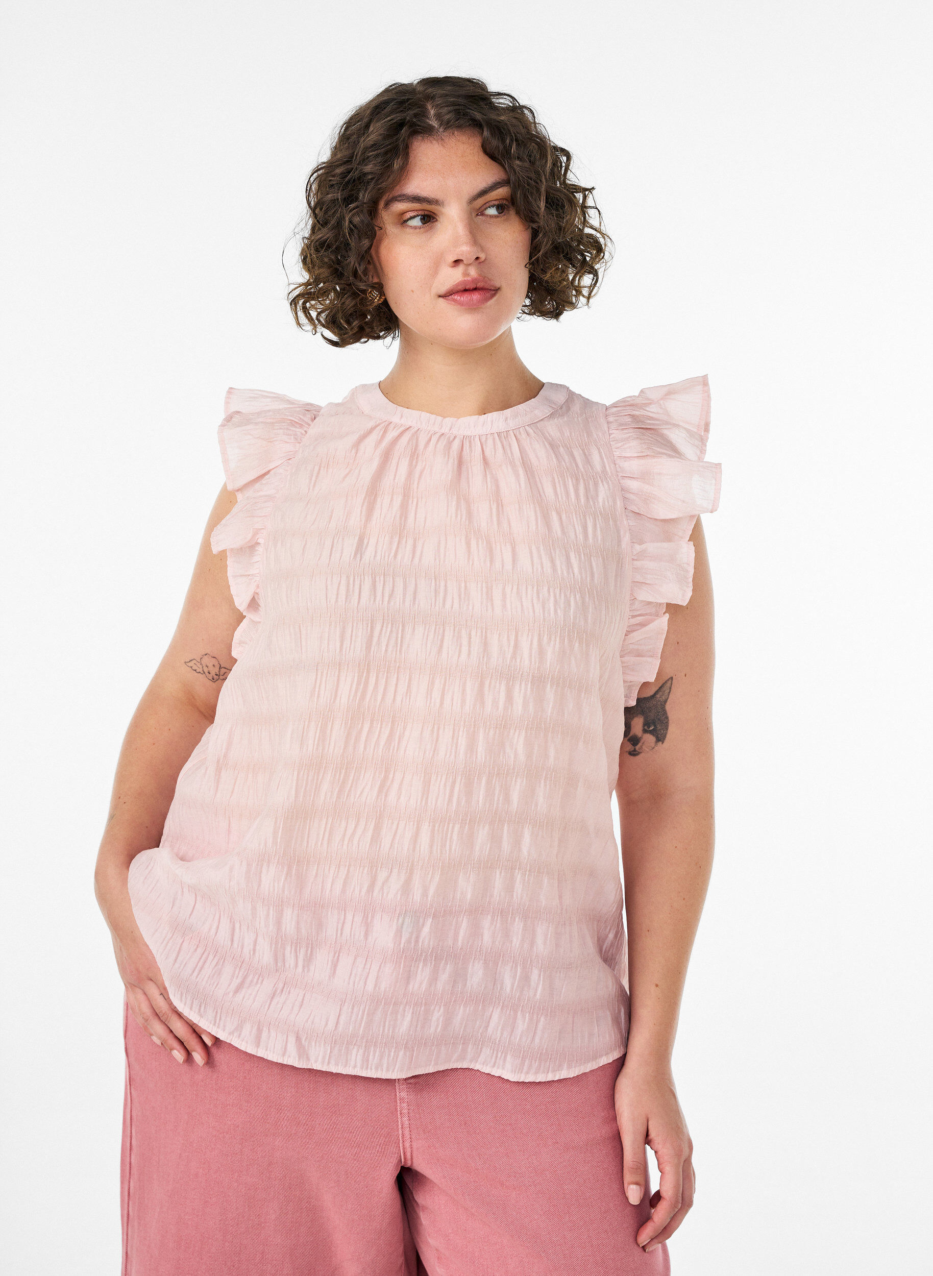 ZizziBlouse met textuur en ruches zonder mouwen, Roze, Model image number 0