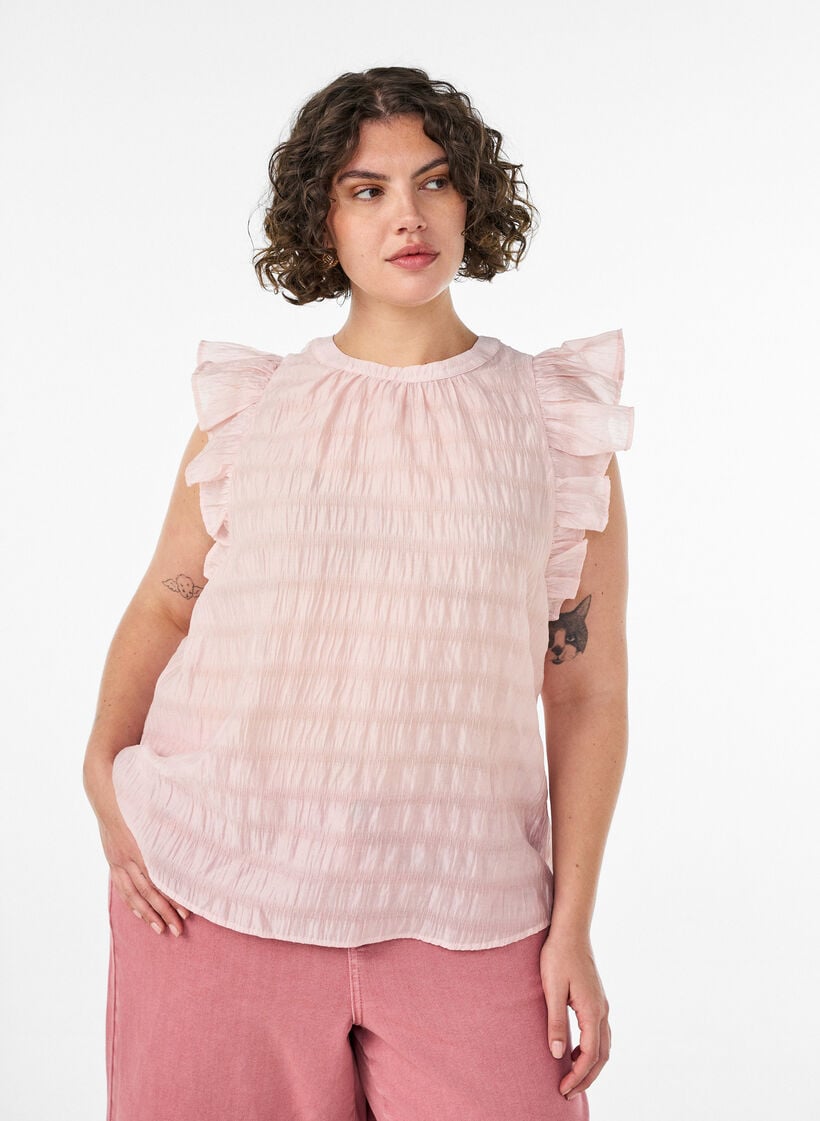 Blouse met textuur en ruches zonder mouwen, Roze, Model image number 0