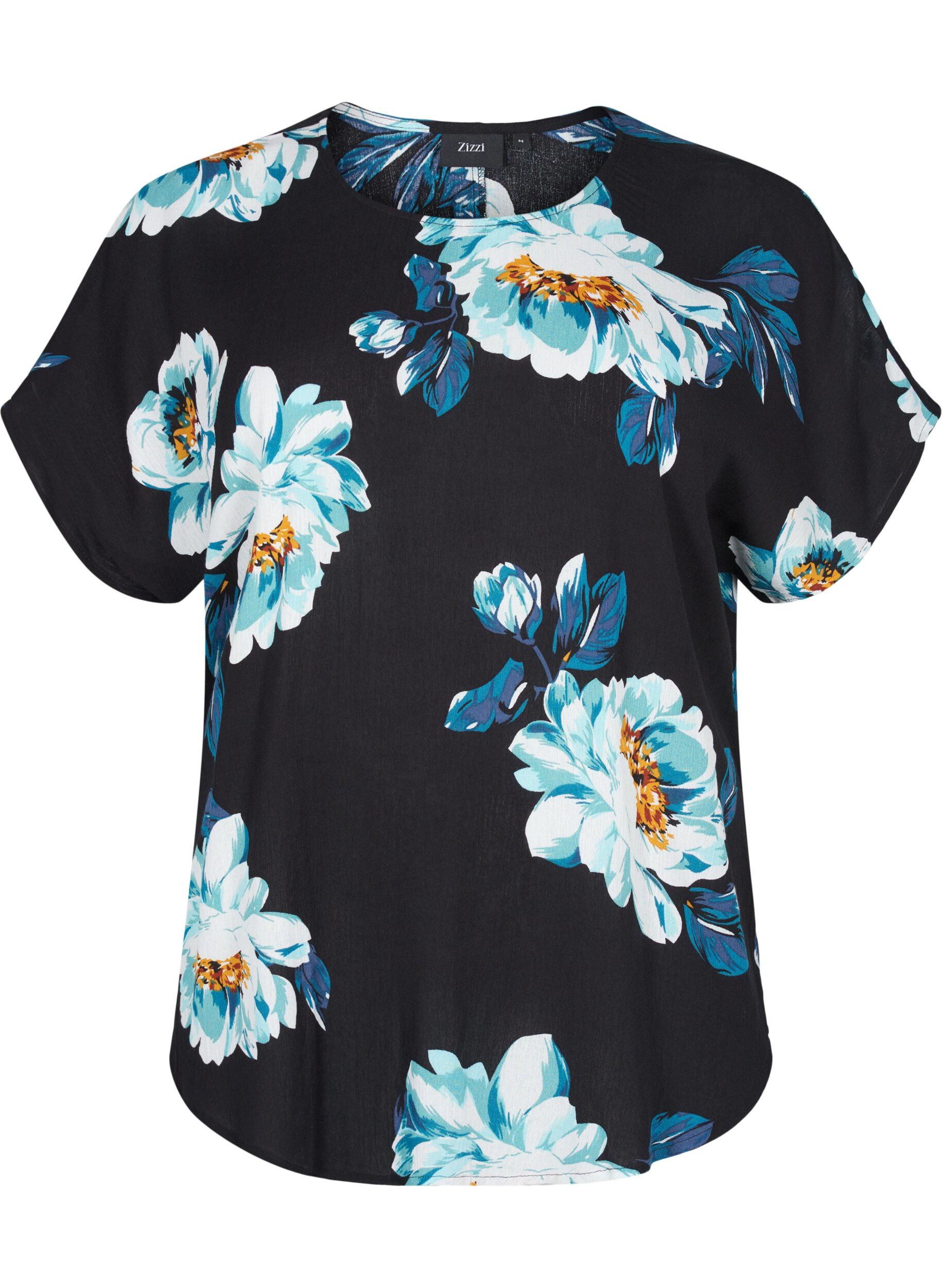 Zizzi Viscose top met korte mouwen en bloemenprint, Black Big Flower, Packshot image number 0