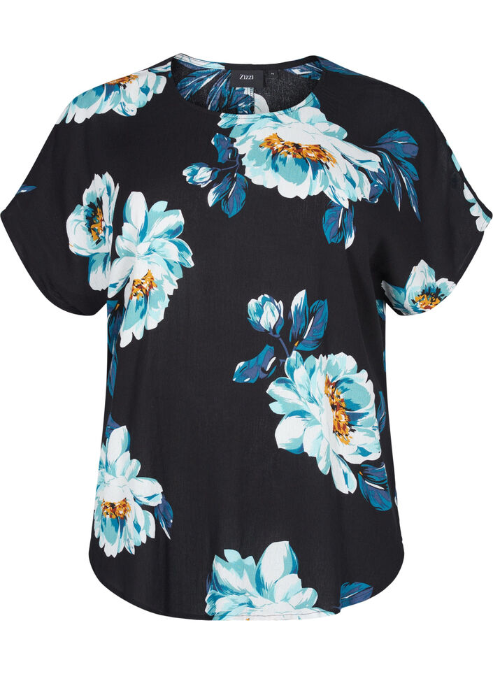 Viscose top met korte mouwen en bloemenprint, Black Big Flower, Packshot image number 0