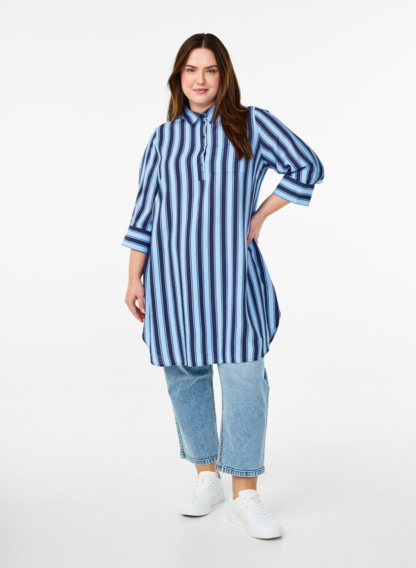 Korte jurk met kraag en borstzak, Blauw, Model image number 1