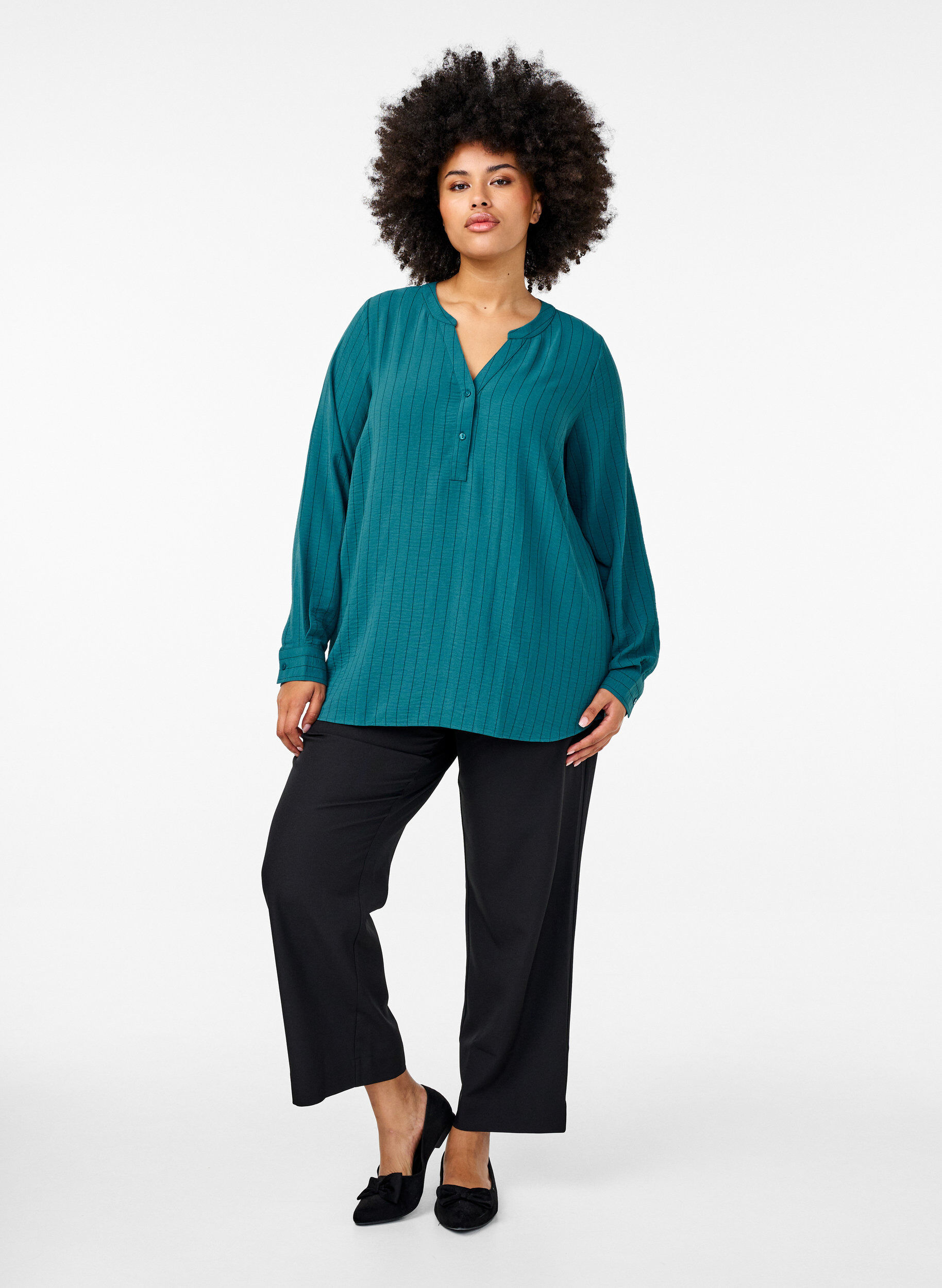 Zizzi FLASH - Streepjes overhemdblouse, Groen, Model image number 1