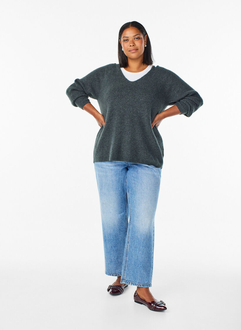 Gebreide blouse met V-hals en raglanmouwen, Groen, Model image number 1