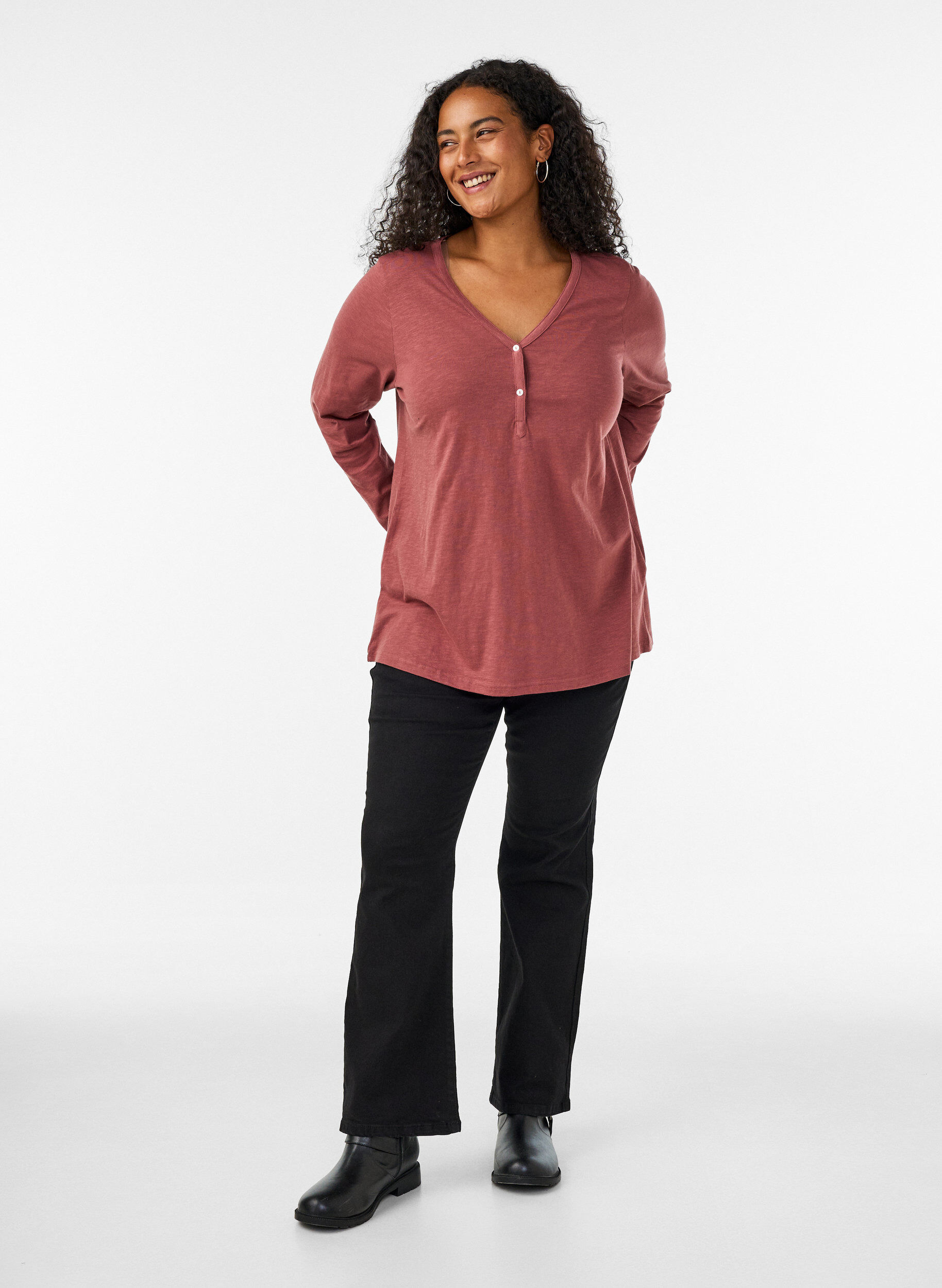 ZizziT-shirt met lange mouwen, V-hals en knopen, Bruin, Model image number 1