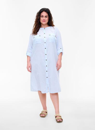 Lange gestreepte blouse jurk in katoen, Blue Stripe, Model image number 0
