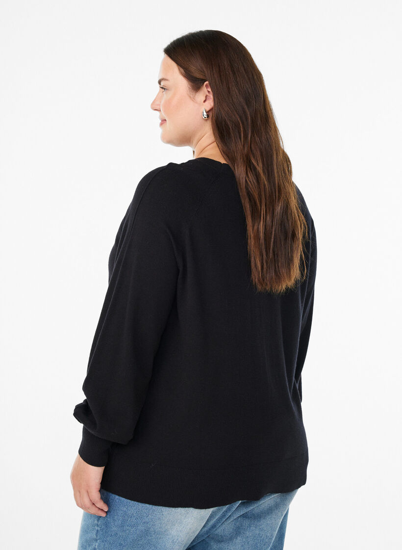 Breisel blouse met middennaad en raglan mouwen, Zwart, Model image number 2