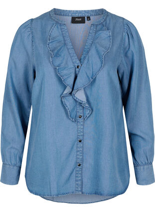 Shirt met lange mouwen, v-hals en ruches, Blue denim, Packshot image number 0
