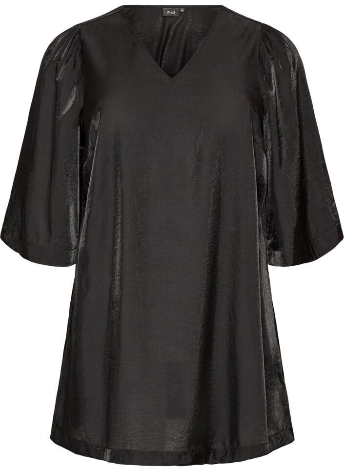 Glanzende tuniek met V-hals en 3/4 mouwen, Zwart, Packshot image number 0