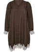 Jurk tot op de knie met krijtstrepen en kanten bies, Bruin, Packshot image number 0