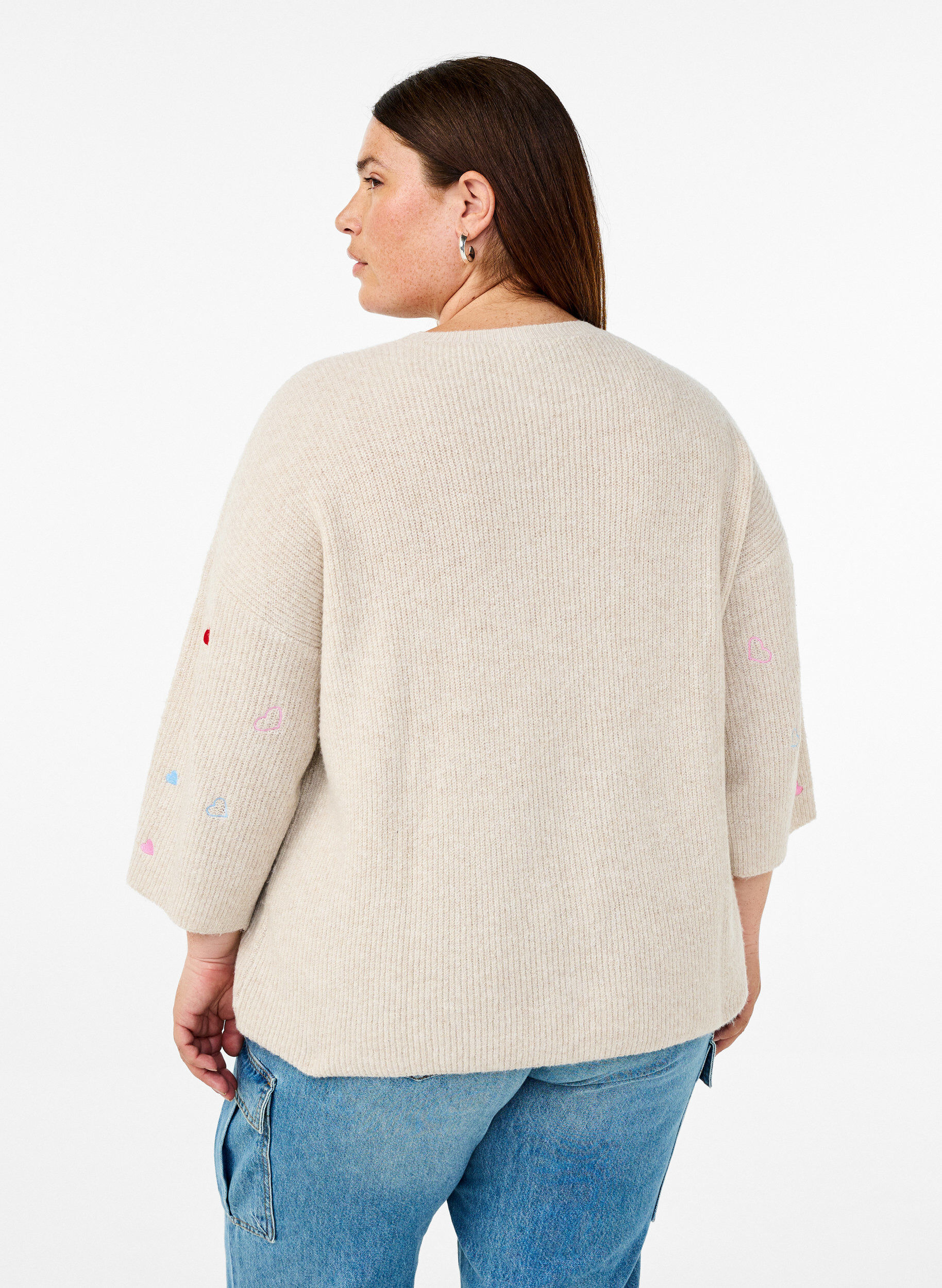 Zizzi Gebreide blouse met hartjes en 3/4 mouwen, Beige, Model image number 2