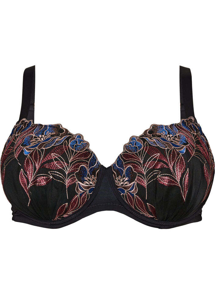 Voorgevormde beha met bloemenborduursel, Zwart, Packshot image number 0