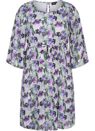 Bedrukte geplooide jurk met bindband, Purple Flower Mix