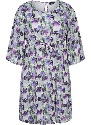 Bedrukte geplooide jurk met bindband, Purple Flower Mix, Packshot image number 0