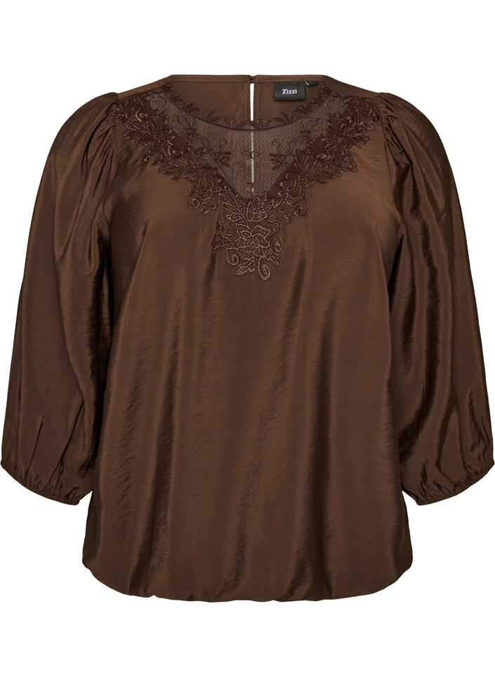 Blouse met 3/4 mouwen en kantdetails, Bruin, Packshot image number 0