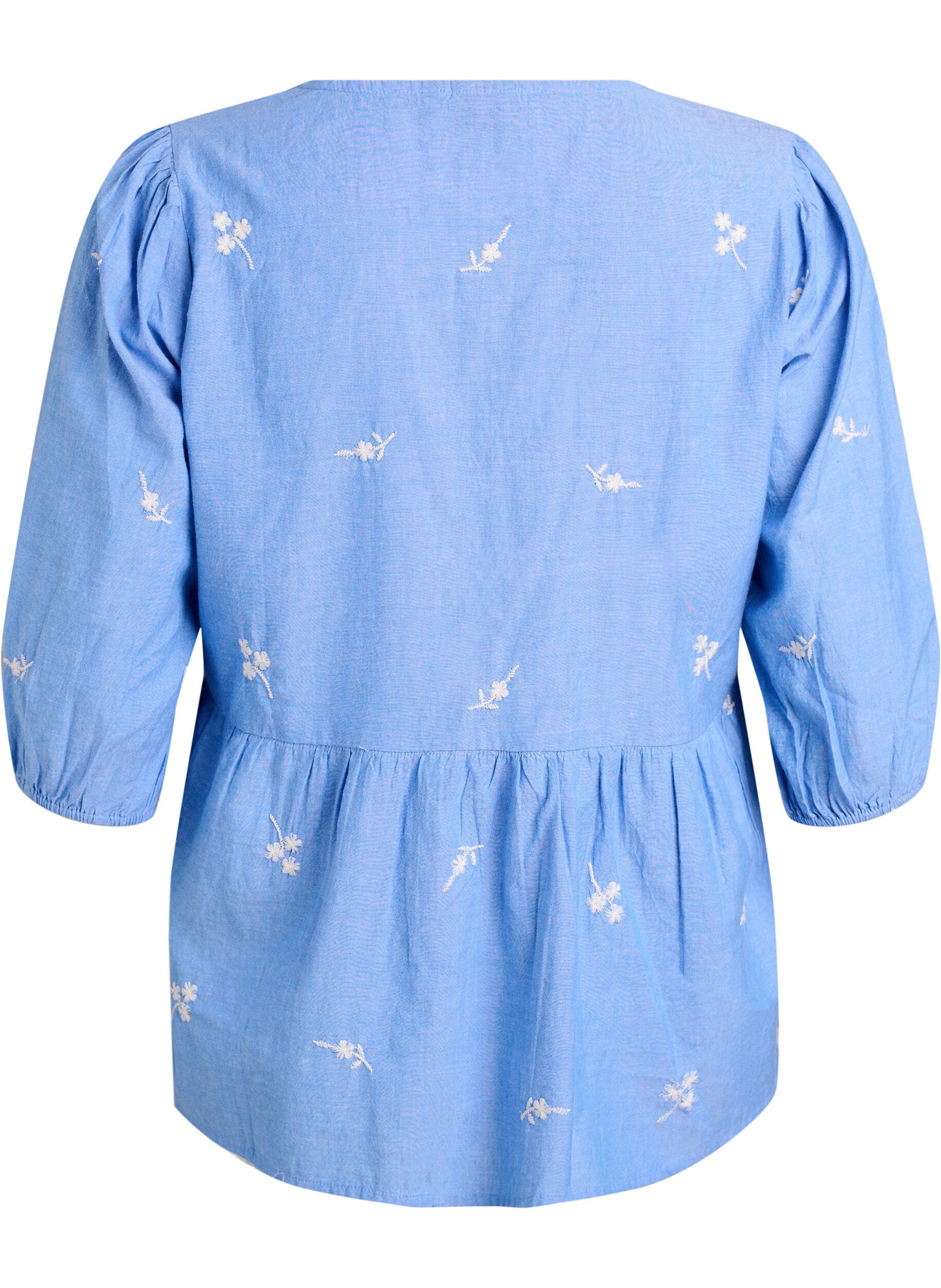 ZizziKatoenen blouse met geborduurde bloemen en knoopsluiting, Blauw, Packshot image number 1