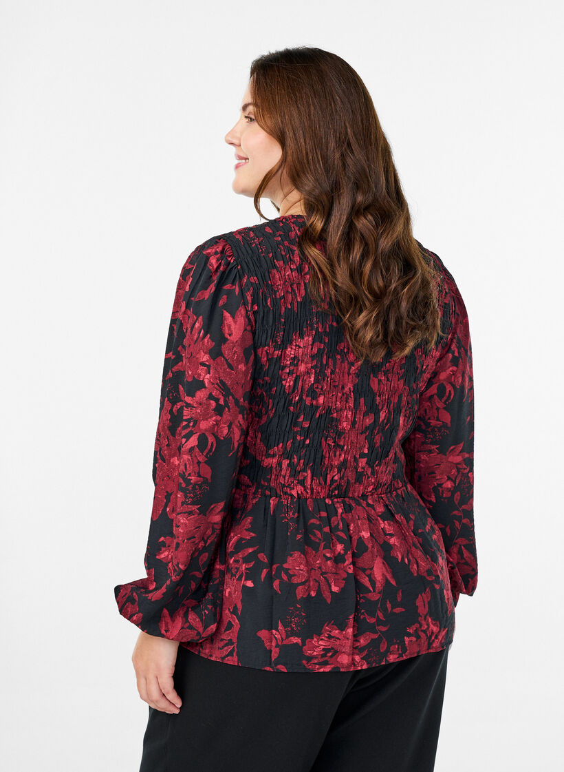 Blouse met smock en lange mouwen, Zwart, Model image number 2