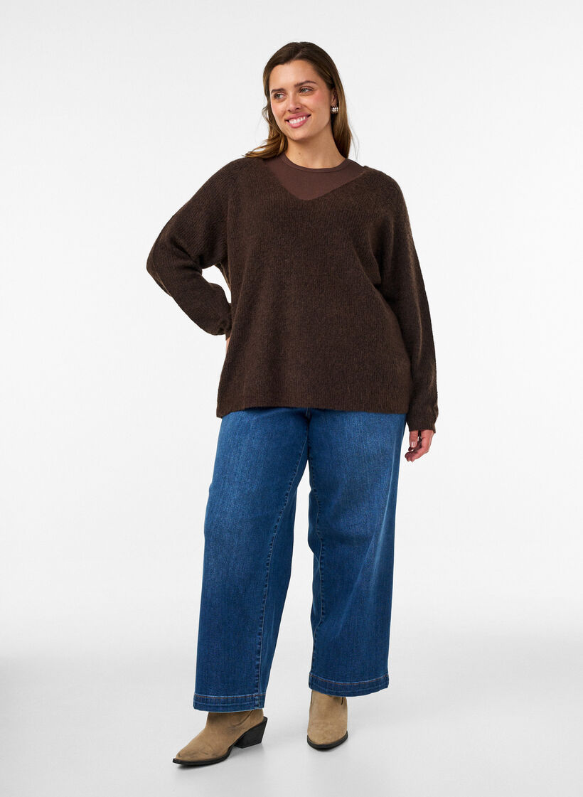 Gebreide blouse met V-hals en raglanmouwen, Bruin, Model image number 1