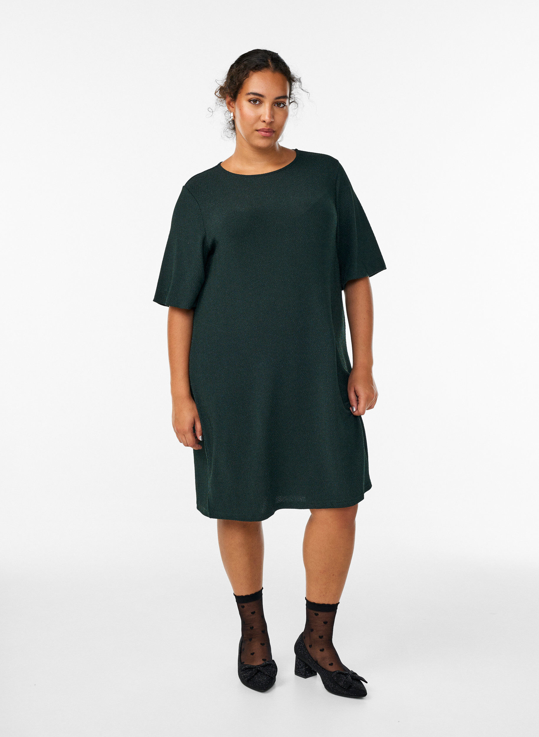 Zizzi Korte jurk met glitterpatroon, Groen, Model image number 1