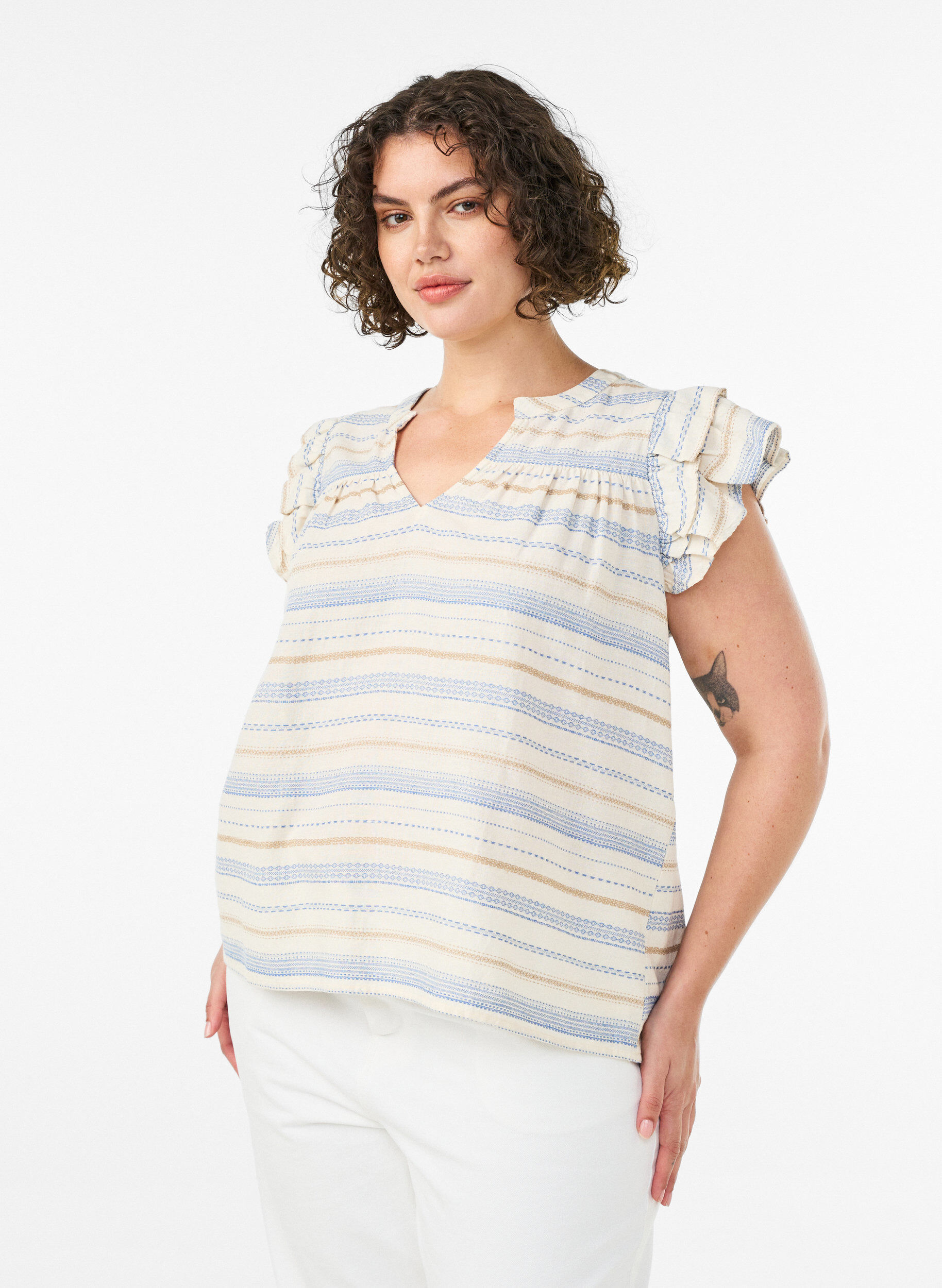 Mouwloze blouse met ruches en gestreept patroon, Vanille, Model