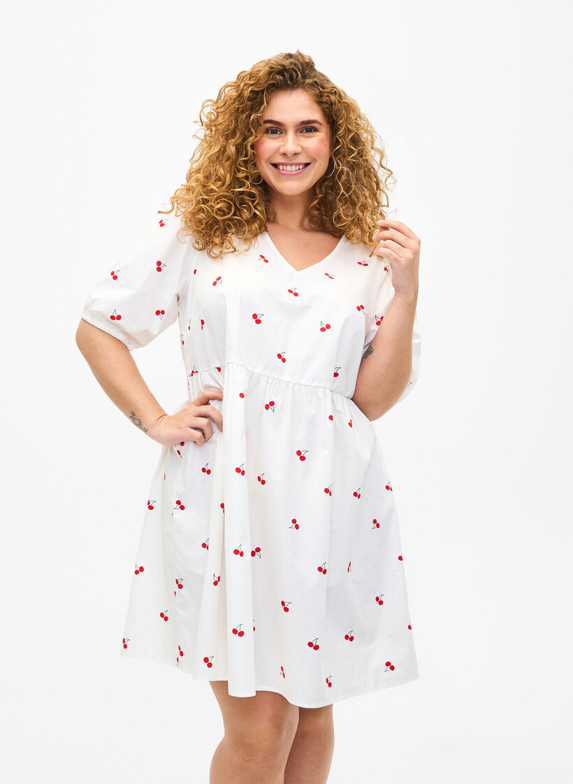 Jurk met kersenprint en A-vorm, B. White/Cherry, Model image number 0