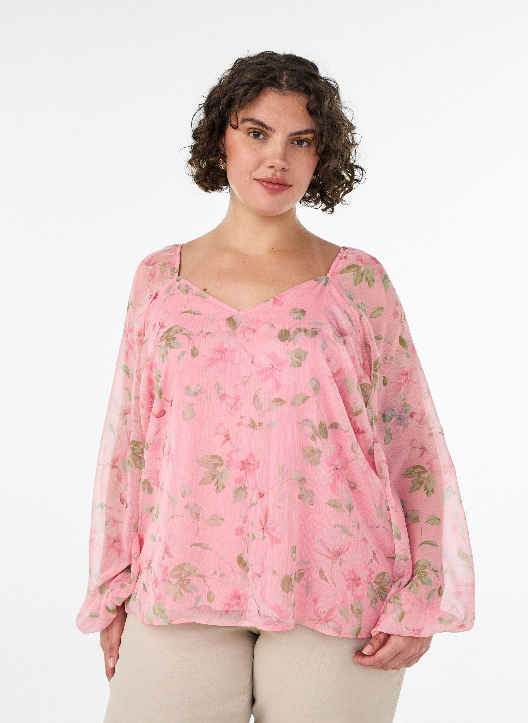 ZizziChiffon blouse met bloemenprint en lange mouwen, Roze, Model image number 0