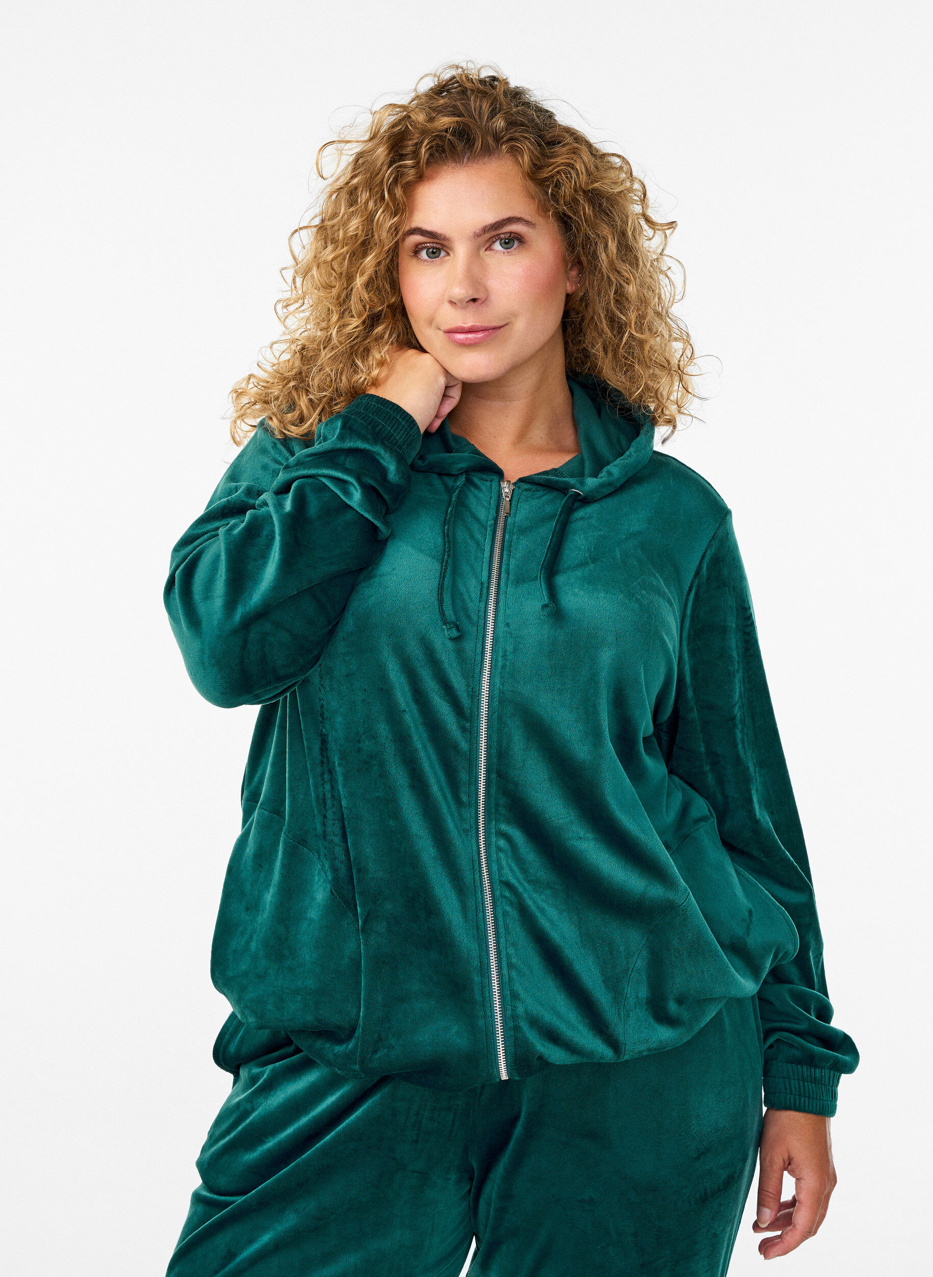 Zizzi Velours cardigan met ritssluiting en capuchon, Groen, Model image number 0