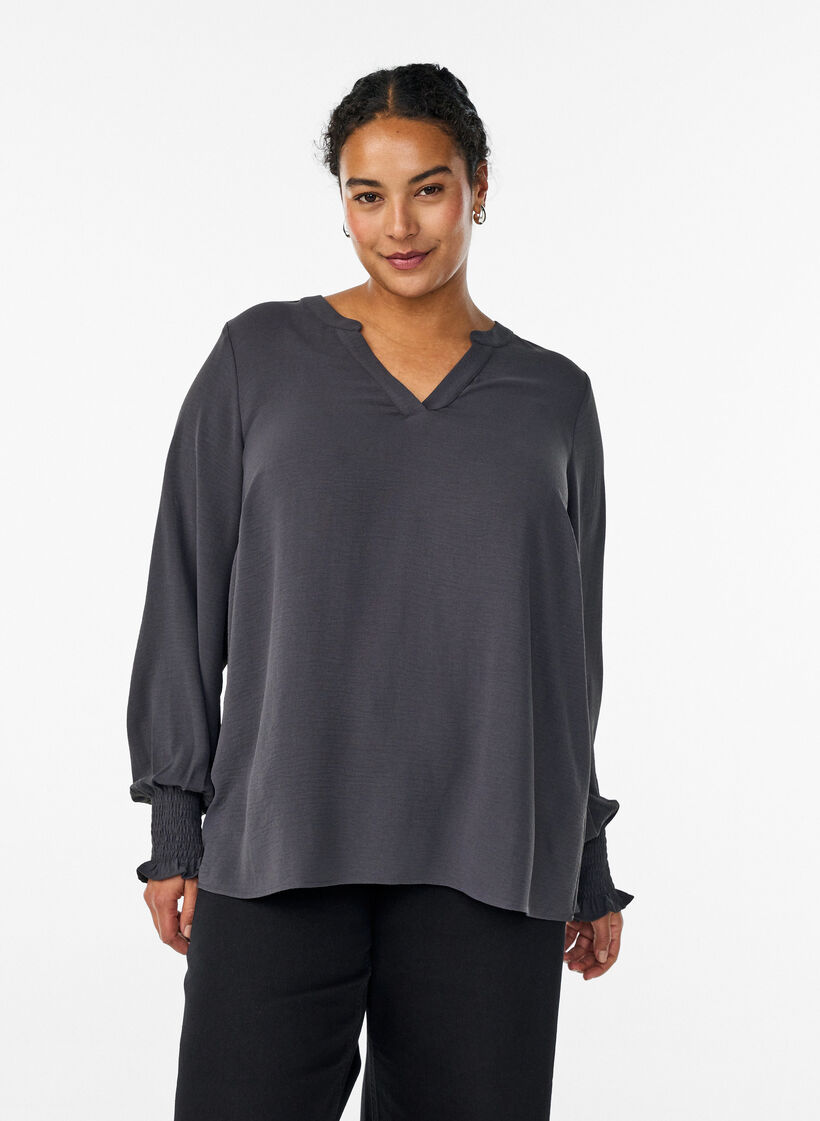Blouse met smockmanchetten en V-hals, Grijs, Model image number 0