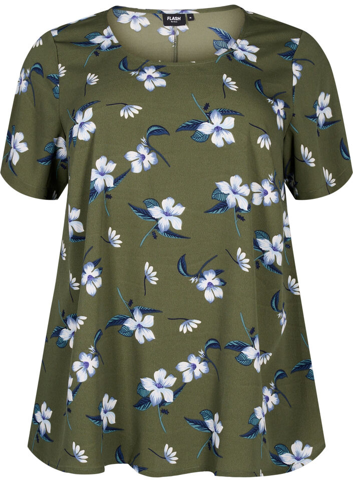 FLASH - Blouse met korte mouwen en print, Olive Night Flower, Packshot image number 0