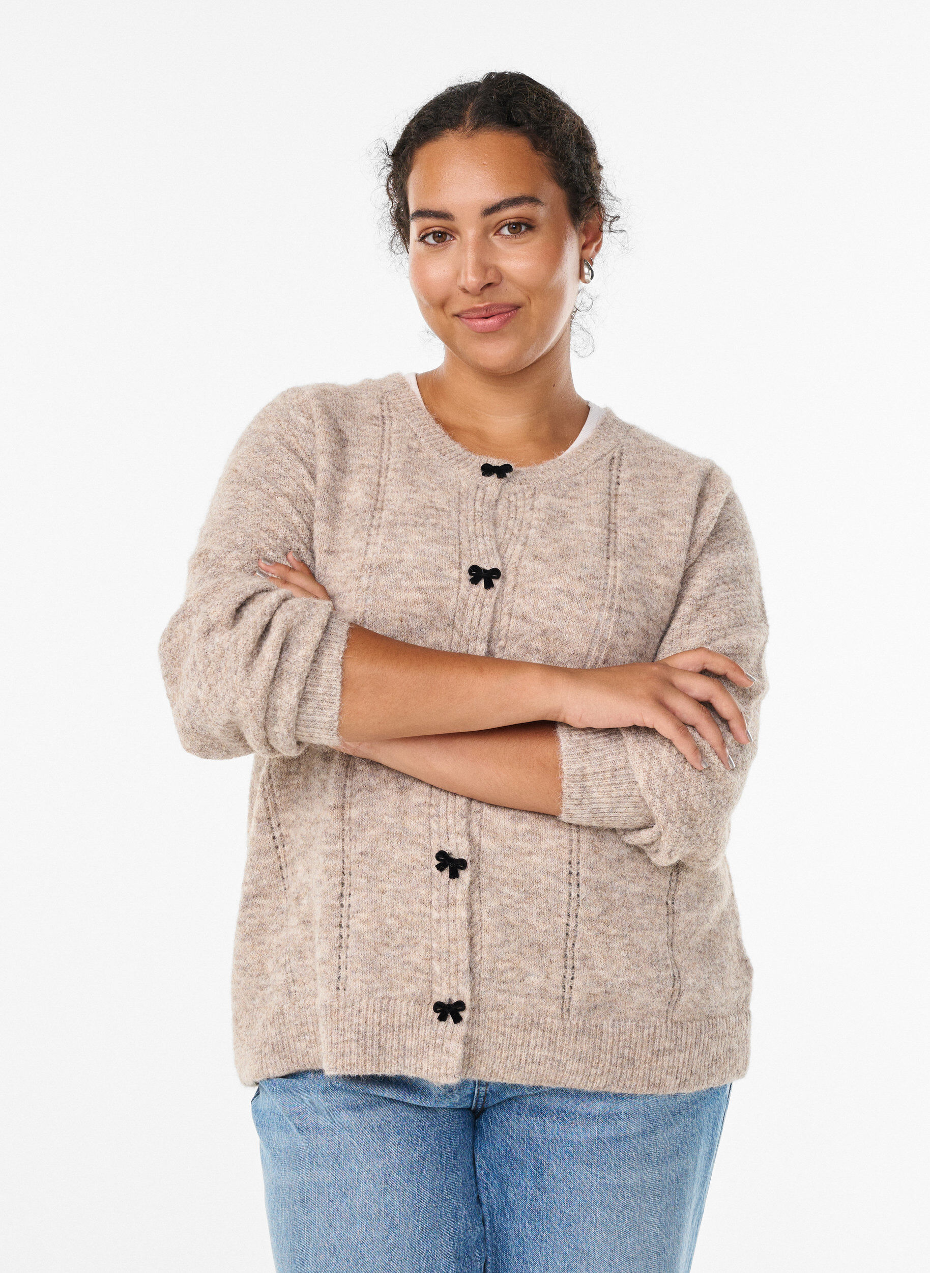ZizziCardigan met strikknopen en opengewerkt patroon, Beige, Model image number 0