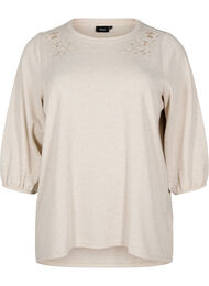 Blouse met bloemenborduursel en 3/4 mouwen, Oatmeal Melange