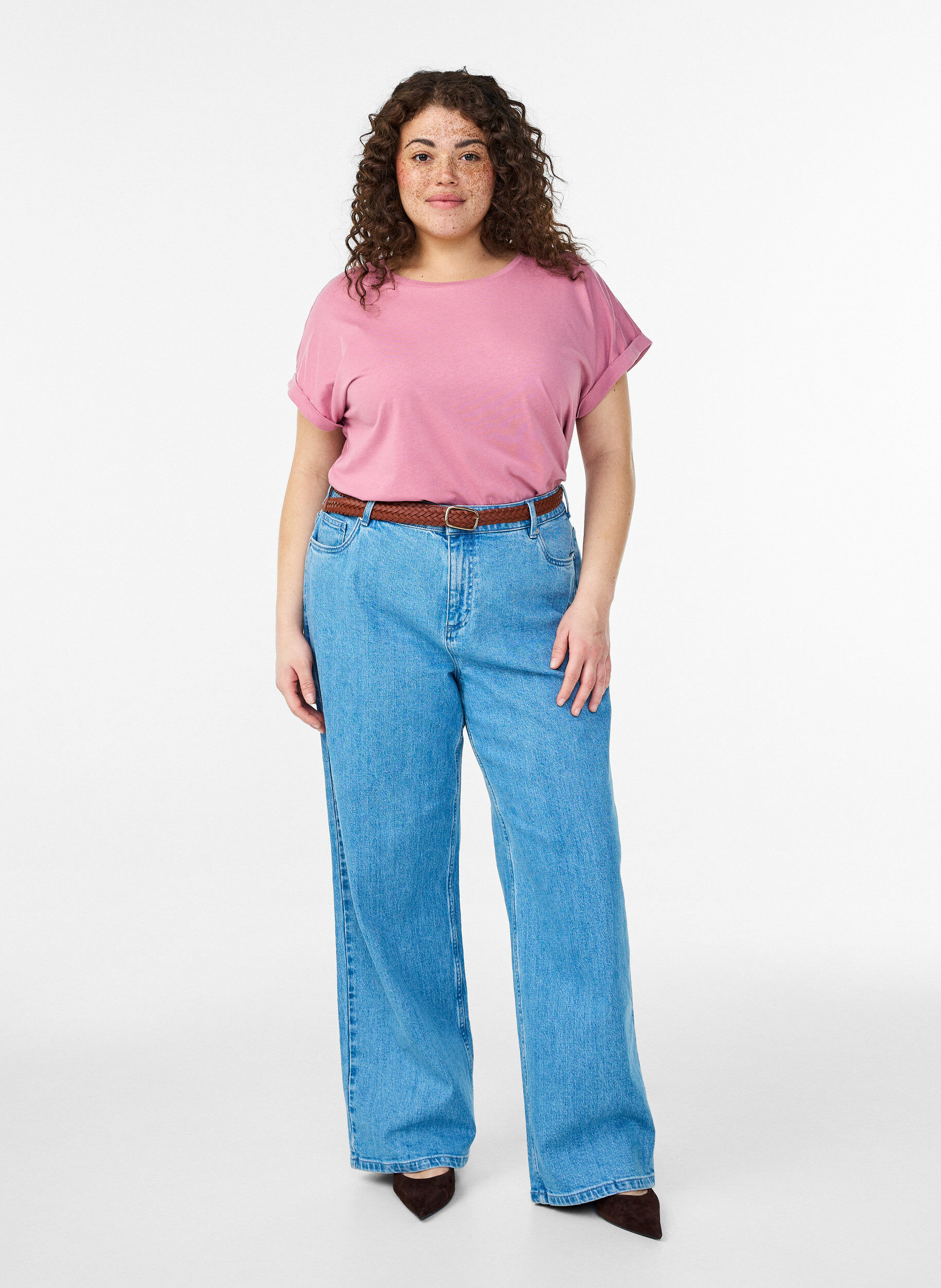 Zizzi T-shirt met korte mouwen van katoenmix, Roze, Model image number 1