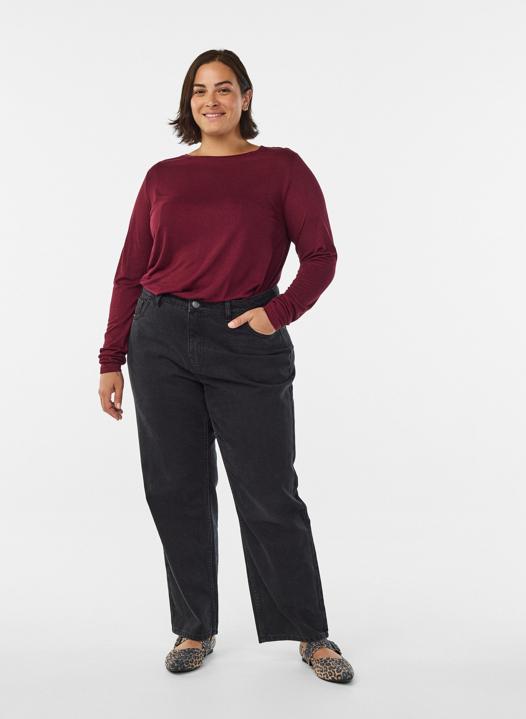 ZizziBlouse met lange mouwen van wol en viscose, Donker Bordeaux, Model image number 1