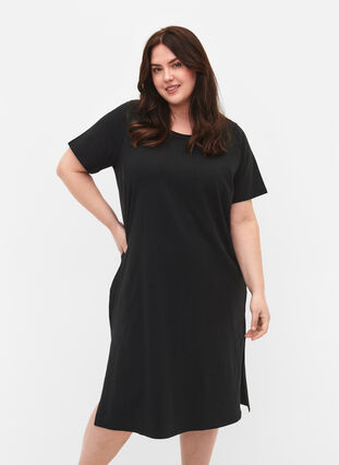 Katoenen jurk met korte mouwen, Black, Model image number 0