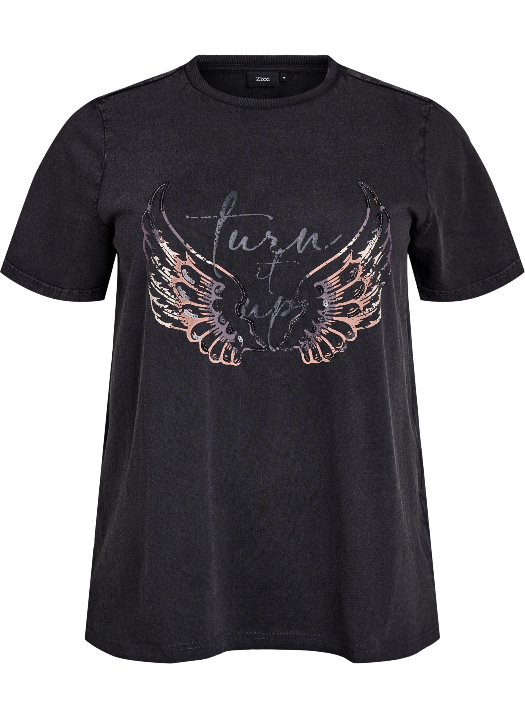 Zizzi T-shirt van biologisch katoen met statementprint, Grijs, Packshot image number 0