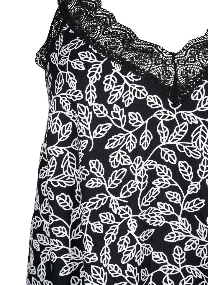 Spaghetti-jurk van viscose met kant, Black w. Wh.Leaf AOP, Packshot image number 2