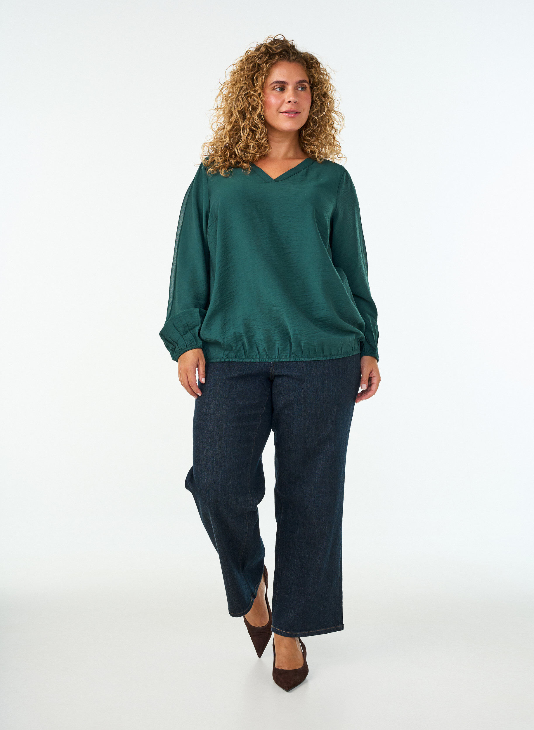ZizziBlouse met balloneffect en chiffondetails, Groen, Model image number 1