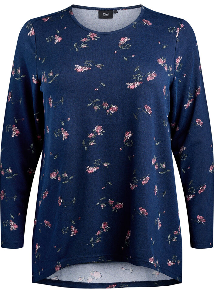 Gebloemde blouse met lange mouwen, Blauw, Packshot image number 0