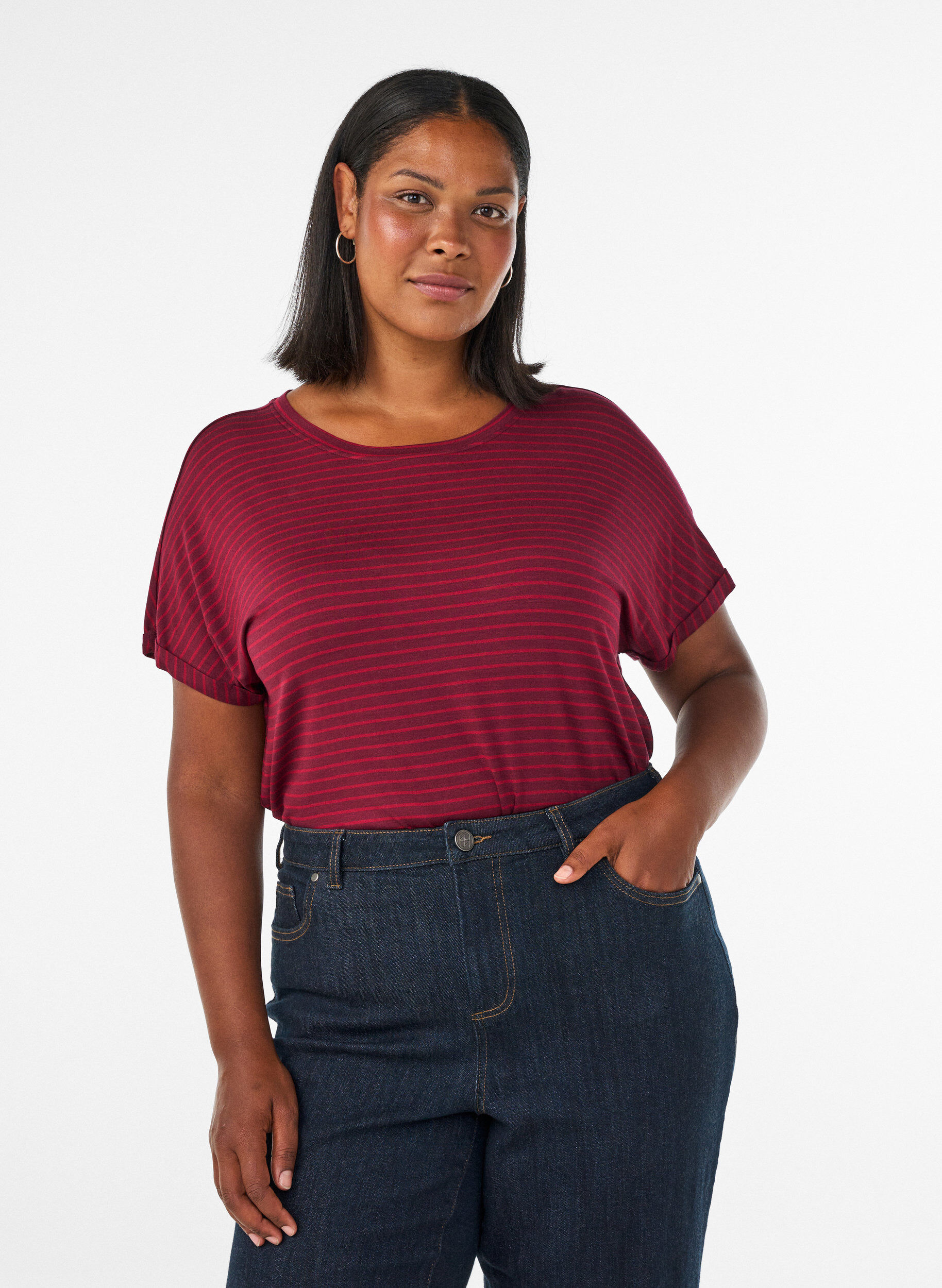 ZizziGestreept T-shirt in viscose met een ronde hals, Rood, Model image number 0
