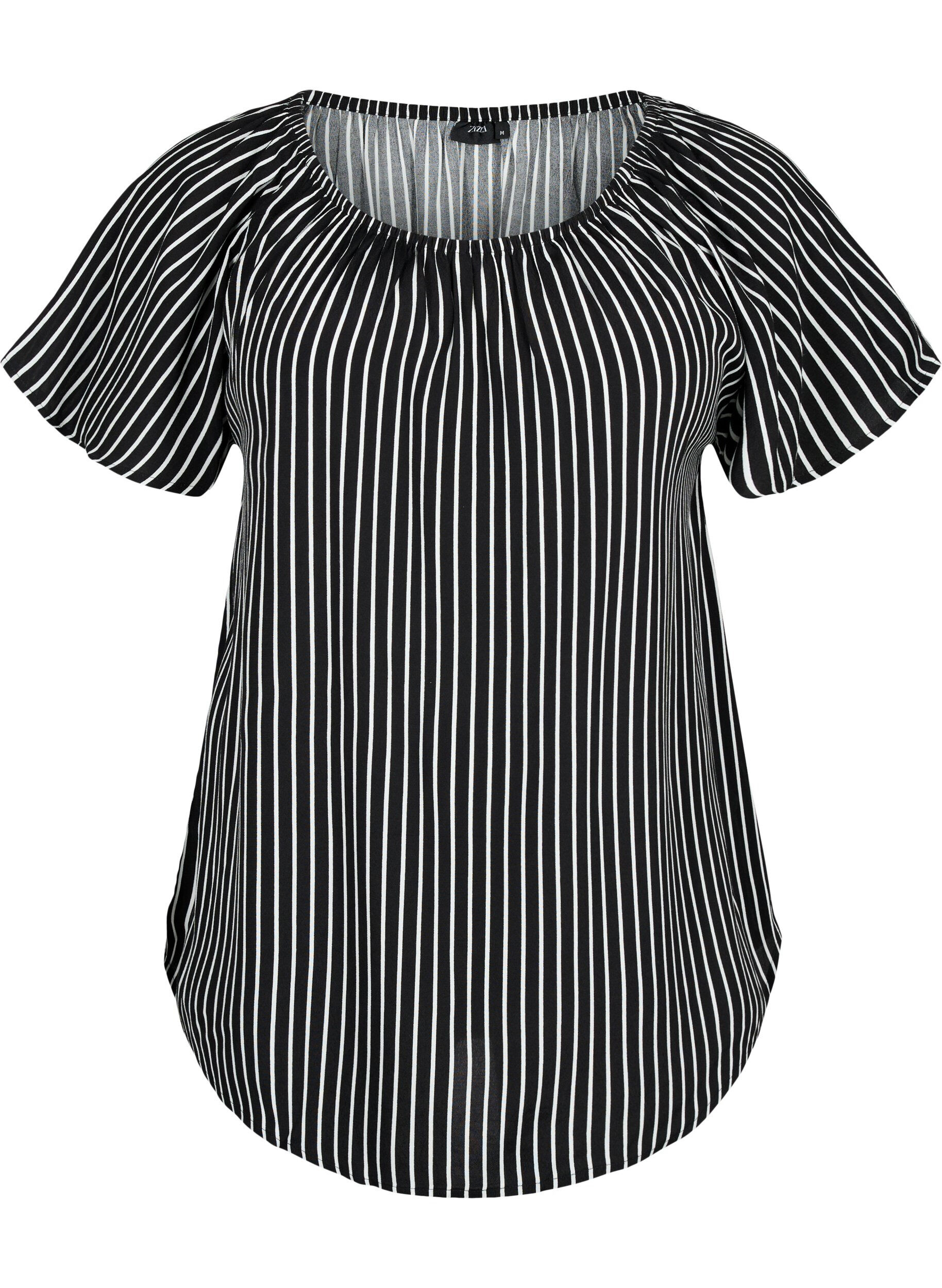 Zizzi Gestreepte blouse van viscose met korte mouwen, Black/ White Stripe, Packshot image number 0