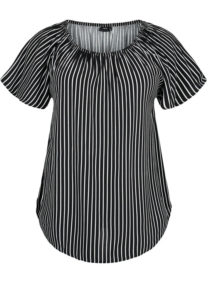 Gestreepte blouse van viscose met korte mouwen, Black/ White Stripe, Packshot image number 0