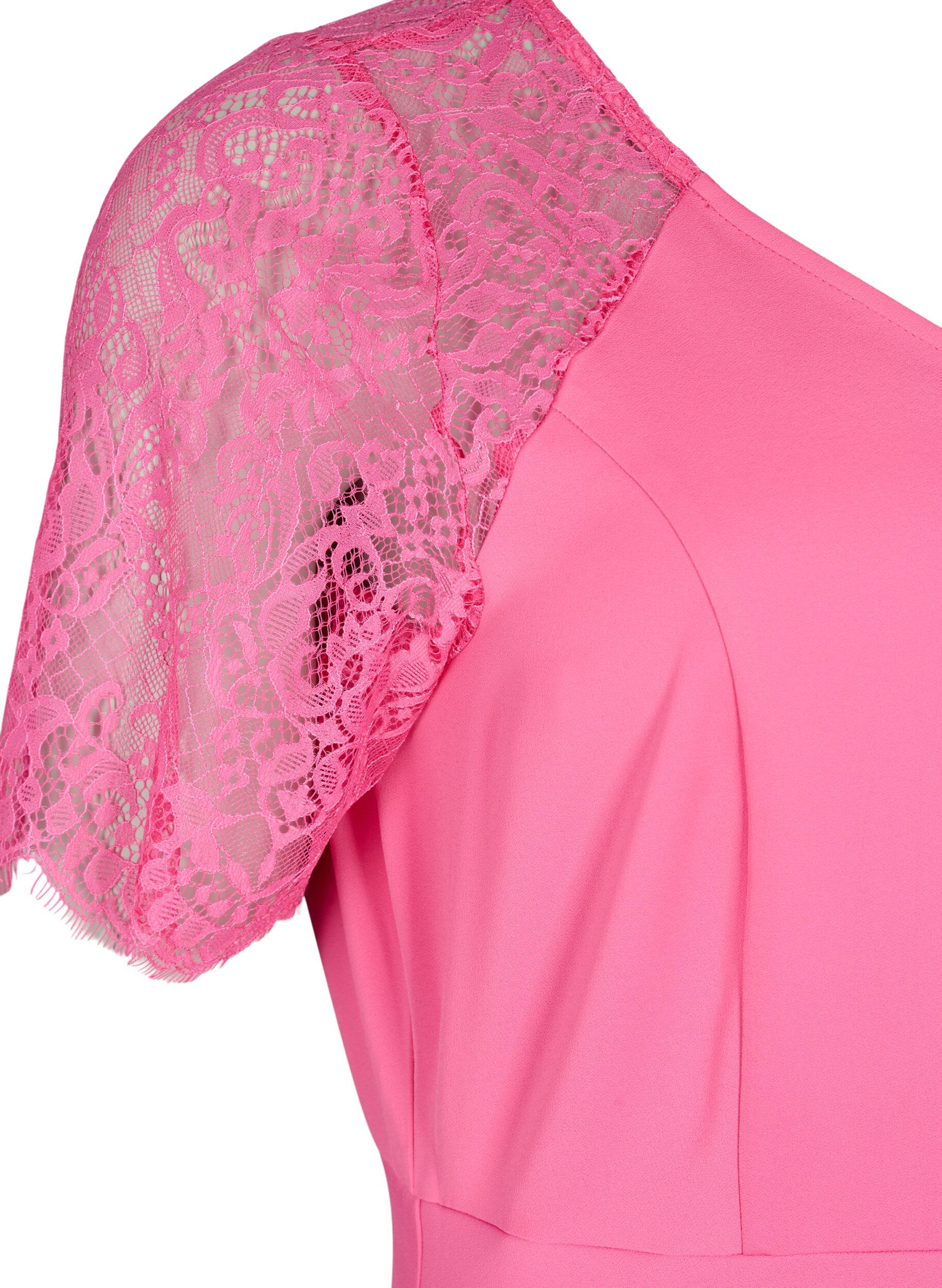 Zizzi Midi-jurk met korte kanten mouwen, Shocking Pink, Packshot image number 3