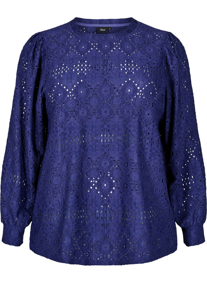 Blouse met lange mouwen en een opengewerkt patroon, Paars, Packshot image number 0