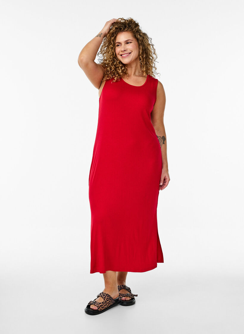 Mouwloze, geribde jurk van viscose, Rood, Model image number 0