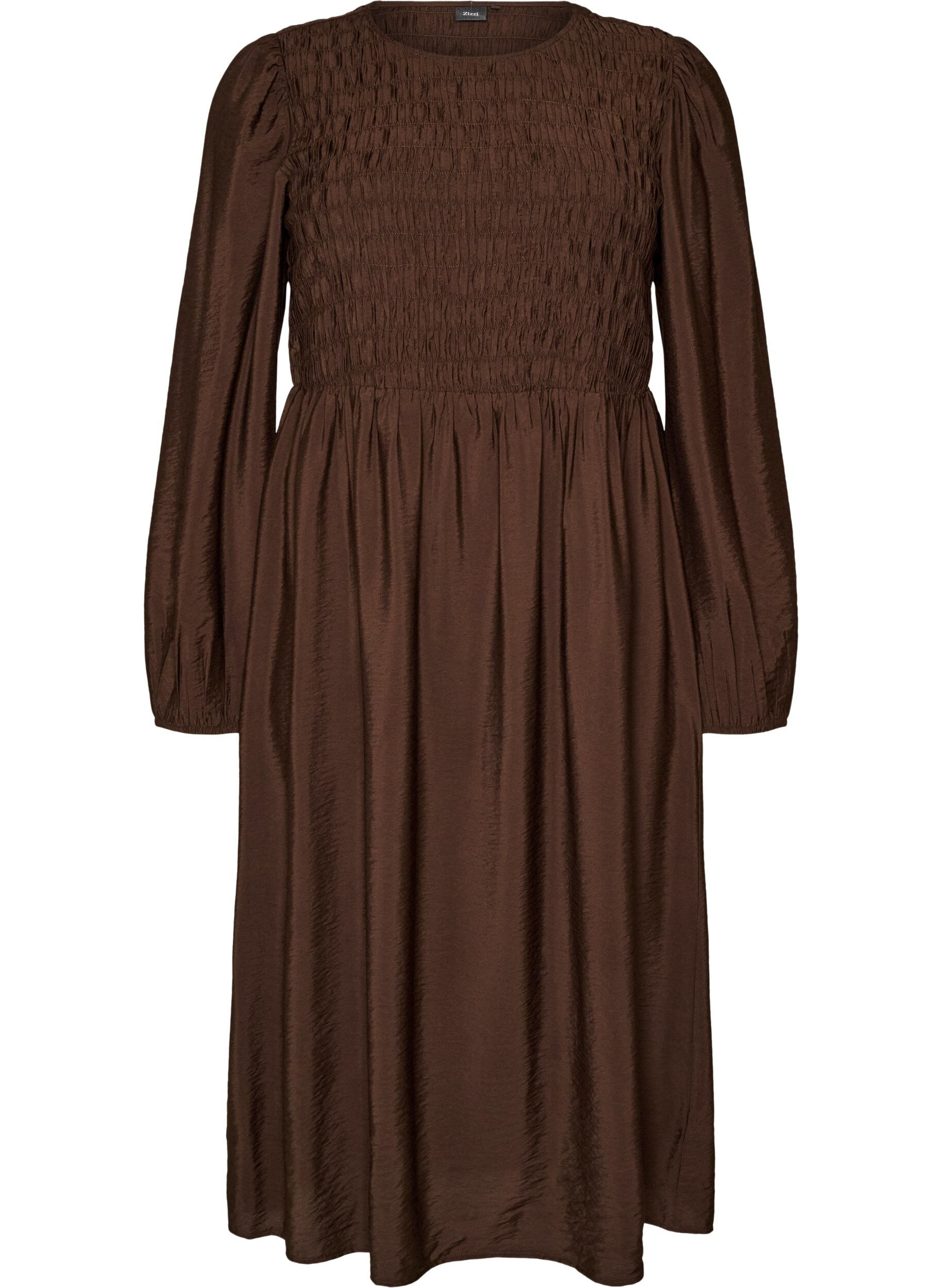 ZizziMidi-jurk van viscose met smockwerk, Bruin, Packshot image number 0