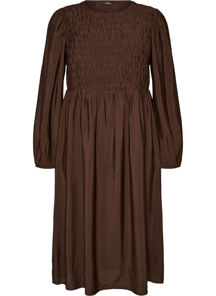 Midi-jurk van viscose met smockwerk, Bruin, Packshot image number 0