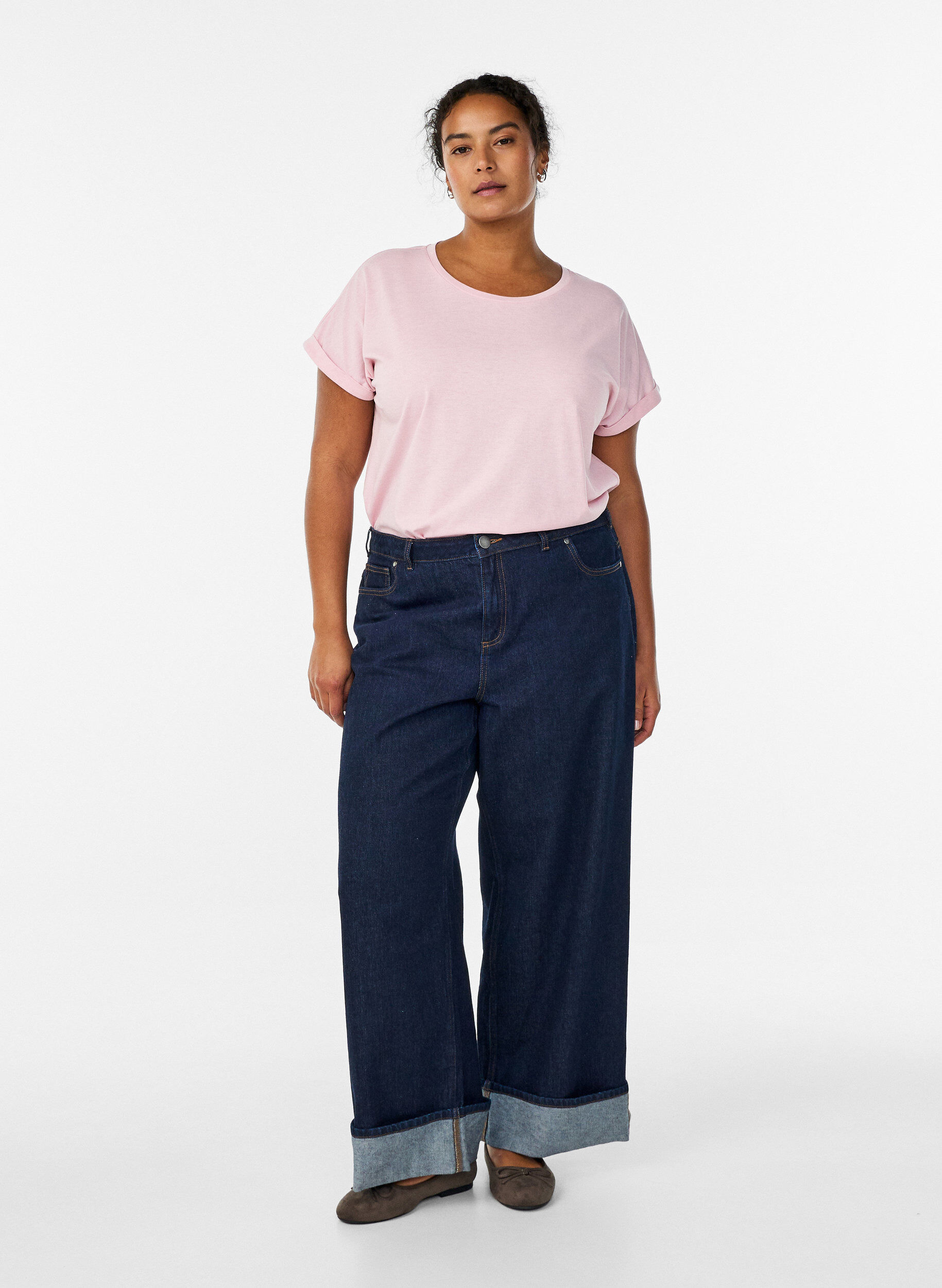 Zizzi T-shirt met korte mouwen van katoenmix, Roze, Model image number 1