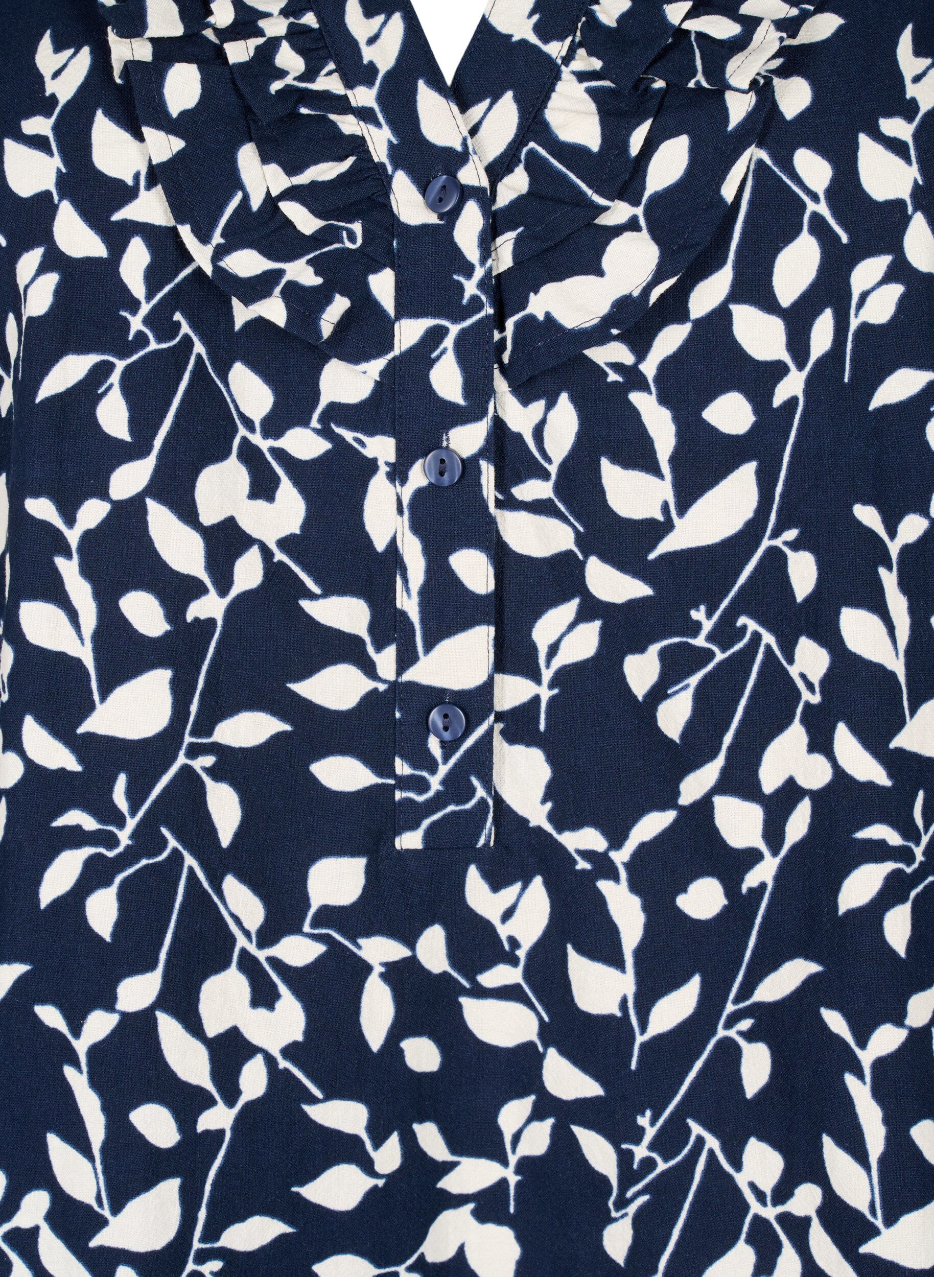 Zizzi Katoenen blouse met 3/4 mouwen en print, Navy Blazer Leaf, Packshot image number 2