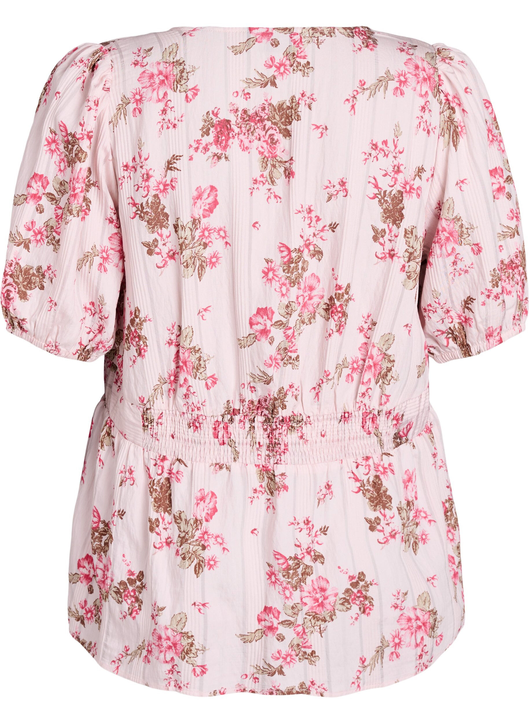 Zizzi Bloemenblouse met korte mouwen en gesmokte taille, Roze, Packshot image number 1